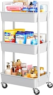 Pipishell 3 Tier Rolling Cart Organizer, Plastic Rolling Cart with Lockable Wheels & Reinforced Handle, Lightweight Utility Cart Storage Ca...