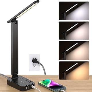 Addtam LED Desk Lamp, Power Strip with 3 Outlets 4 USB Charging Ports(2 USBC), 4 Modes 5 Level Brightness Touch Lamp, Small Desk Lamp for H...