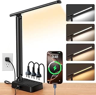 LED Desk Lamp with Power Strip, 3 AC Outlets & 4 USB Ports (2 USB-C), Stepless Dimming & 2800K-6500K Eye-Caring Desk Light, Foldable Table...